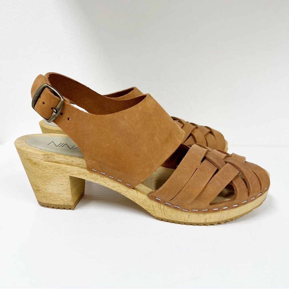 Nina Z Suede Woven Ankle Strap Clogs Caramel 38 8